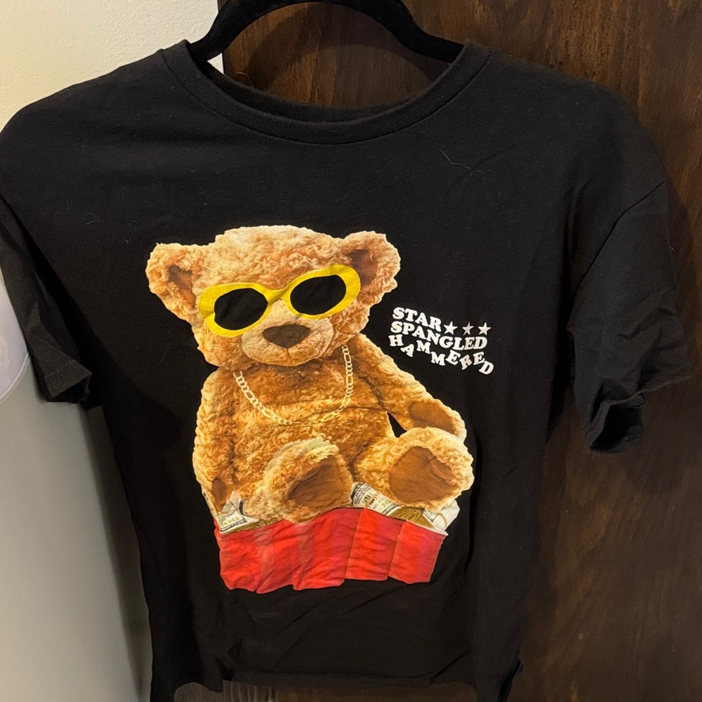 Fashion Nova Black Tee with Teddy Bear and Yellow Sunglasses